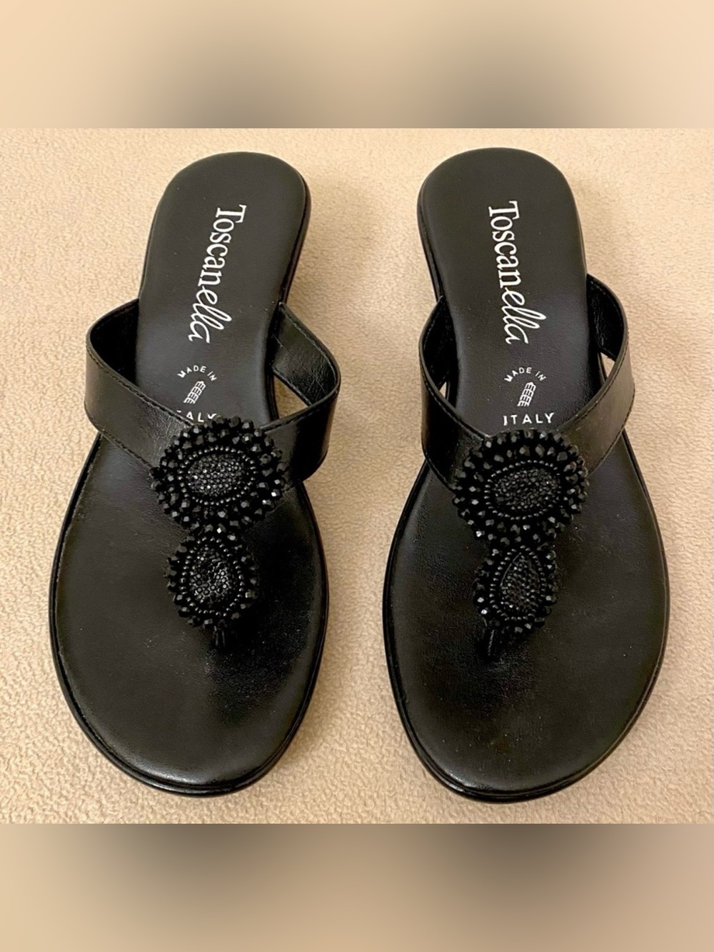 Toscanella Sherry Black Leather 6.5M Beaded Elegant Italian Resort Chic Sandals